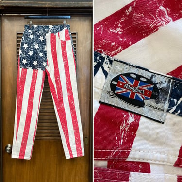 Vintage 1980’s w28 “Modzart” UK London, USA Flag Pop Art Denim Jeans, 80’s Vintage Clothing 