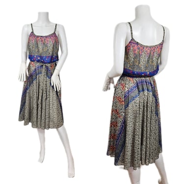 1970's Blue White Tapestry Print Sleeveless Poly Dress I Sz Med 