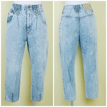 1980s Vintage Squeeze Acid Wash Jeans / 80s High Waisted Denim Cropped Tapered Pants / Waist 28" 