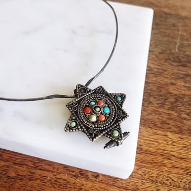 Antique Tibetan Ghau Prayer Box Pendant Necklace with Turquoise Stones 