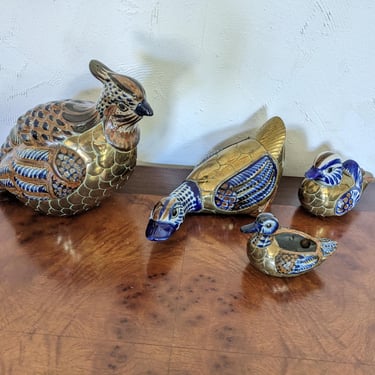 Set of 4 Vintage 1960s Tonala Ceramic and Brass Birds Qail Ducks 