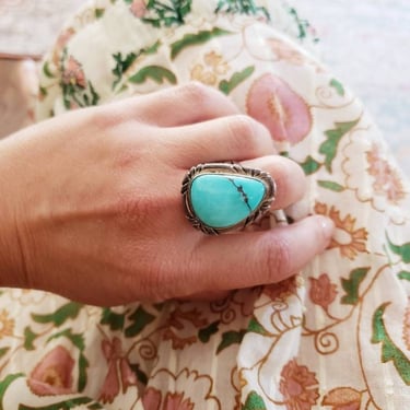 Vintage Chunky Turquoise and Mexican Silver Ring Stamped FB Sterling Large Stone / Tilda 