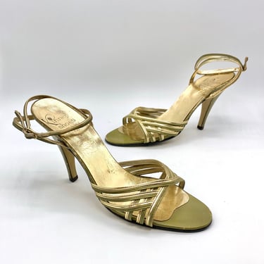 Vintage 1970s Strappy High Heel Sandals, 70s Metallic Gold/Olive Vegan Ankle Straps, Faux Leather Disco Era Shoes, Size 7 1/2 US 