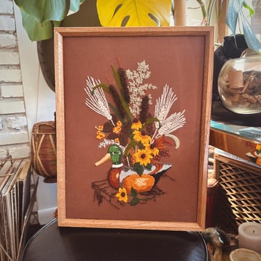Vintage Floral & Duck Framed Embroidery - Nice Colors 17” x 13” - Embroidery Art 