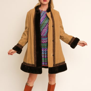 Vintage 1970s 70s Afghan Swing Coat w/ Brown Faux Fur and Afghan Pattern Trim Penny Lane Coat 