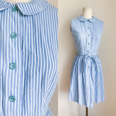 Vintage 1960s Blue & White Striped Seersucker Shirtwaist Dress / XS 
