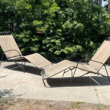 Pair- Patio Recliners | pivot anti-gravity lounge chairs | 1950s outdoor seating | canvas, rope, iron | vintage 