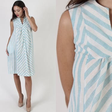Minimalist Chevron Striped Tent Dress With Pockets, Vintage 80s Casual Zip Up Sundress, Baggy Retro Wear To Work Outfit 