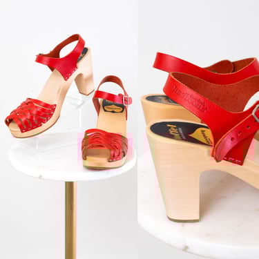 Modern SWEEDISH HASBEENS Clogs | 1970s Style Red Leather Wood High Heel Platforms Open Toe Sandals | size US 8.5 