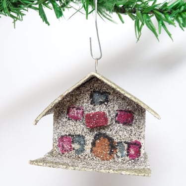 Antique 1950's Christmas Ornament, Glittered Cardboard House, Vintage Holiday Decor 