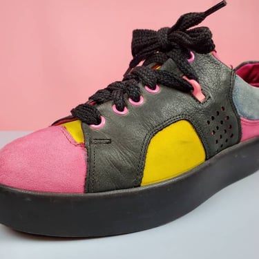 Vintage 80s colorblock sneakers. Pink, yellow, black. Zodiac USA Sport. (Size 8) 