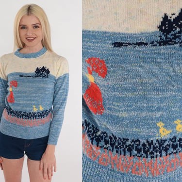 70s Knit Sweater Novelty Print Pullover Sweater Lady Duck Pond Pattern Crewneck Jumper Retro Acrylic Blue White Vintage 1970s Extra Small xs 