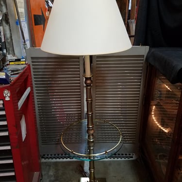 Vintage Brass Floor Lamp with Round Glass Shelf