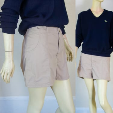 Vintage 80s khaki shorts size small medium, high waisted stretch waist tan men's camp shorts 