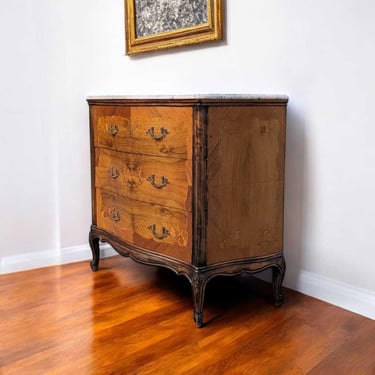 French Louis XV Marble Top Commode, Chest of Drawers, Marquetry, Linen Cabinet, Inlaid Wood, Three Drawers 