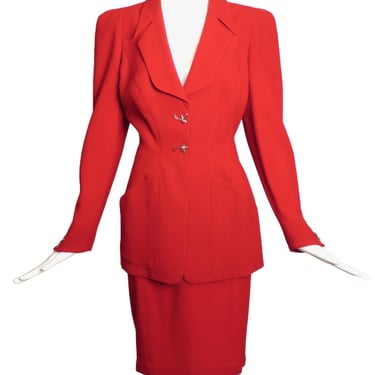 THIERRY MUGLER-1990s Red Wool Skit Suit, Size-10