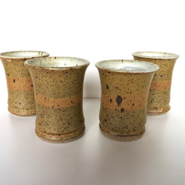 4 Vintage Studio Pottery Tumblers, Handmade 10oz Stoneware Drinking Cups WIth Speckled Glaze 