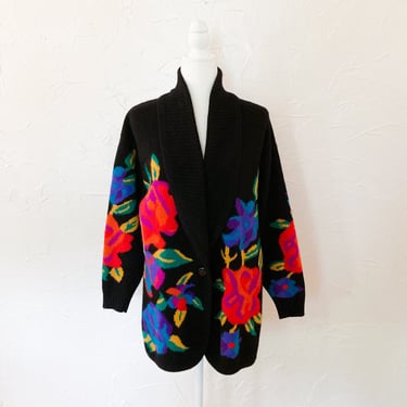 80s Black Bold Floral Knit Sweater Cardigan | Large/Extra Large/2X 