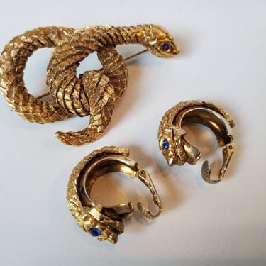 Vintage gold snake pendant and earrings with blue eyes, 1960's 