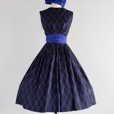 Classic 1950's Black &amp; Blue Diamond Print Silk Dress From Peck &amp; Peck / Medium