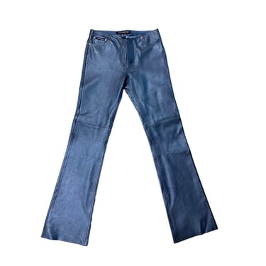 Vtg Vintage 2000s 00s Y2K Cobalt Blue Metallic Genuine Leather Low Rise Pants 