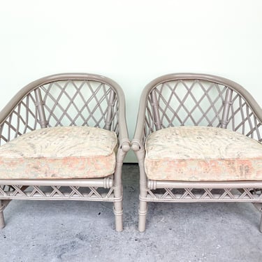 Pair of Ficks Reed Rattan Lattice Barrel Chairs