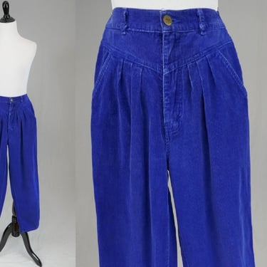 80s Blue Corduroy Pants - 23 waist - Pleated Yoke Front - Vintage 1980s Cords - short 27" inseam 