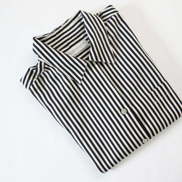 Vintage Black and White Striped Silk Button Up Shirt M L - 90s Short Sleeve Minimalist Blouse - Wednesday Goth Style 