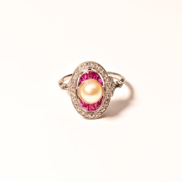 Edwardian Pearl Pink Ruby Diamond Halo Cocktail Ring In 14K White Gold, Estate Jewelry, Size 6 1/2 US 
