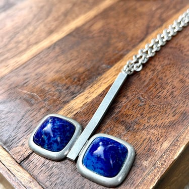 Jorgen Jensen Pewter Denmark Pendant Necklace Blue Glass Lapis Danish Modern MCM Jewelry 