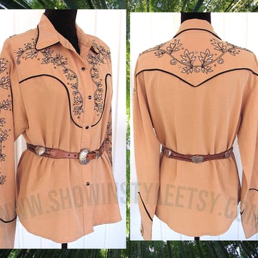 Vintage Retro Women's Cowgirl Shirt by Western Collection Styles, Peach with Black Embroidery, Rhinestones, Size XLarge (see meas. photo) 