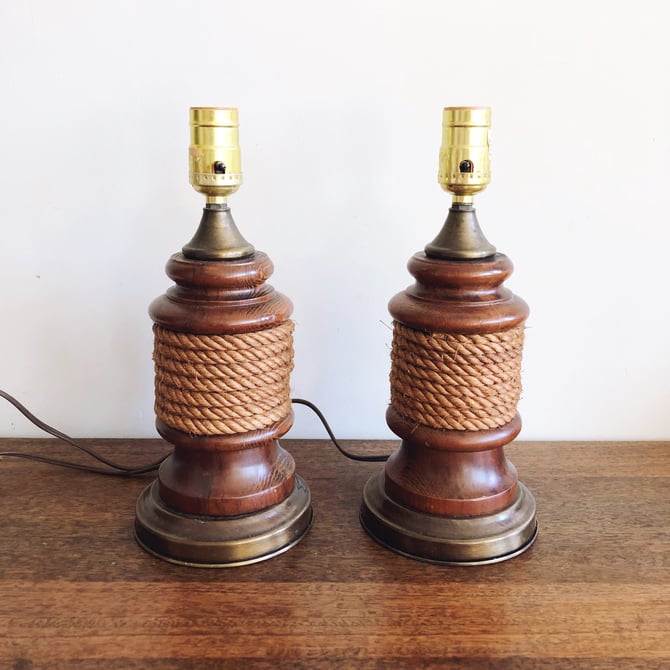 Vintage Nautical Rope and Wood Bedside Table Lamps - Set of 2 