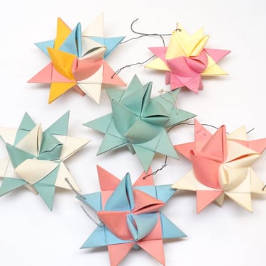 6 Antique Hand Made Moravian Christmas Star Ornaments, Vintage German Froebel Star Folded Paper 