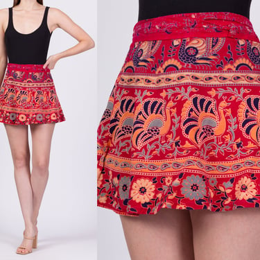 Vintage Indian Peacock Block Print Mini Wrap Skirt - XS to Small | 70s Boho Batik Cotton A Line Hippie Micro Miniskirt 
