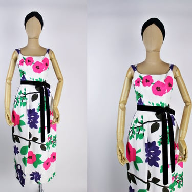 50s Floral Bubble Midi Dress / Bow Dress / Vintage Maxi Dress / Size XXS 