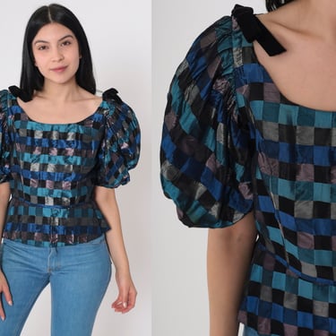 60s Blouse Puff Sleeve Shirt Checkered Peplum Top Ribbon Bow Shiny Blue Black Grey Formal Party Vintage 1960s Charles Glueck Extra Small xs 