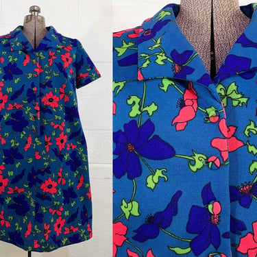 Vintage Blue Floral Dress Pink Green Purple Dagger Collar Flowers Shift 1960s 60s Mid-Century Mod Plus Curvy Volup XL XXL 