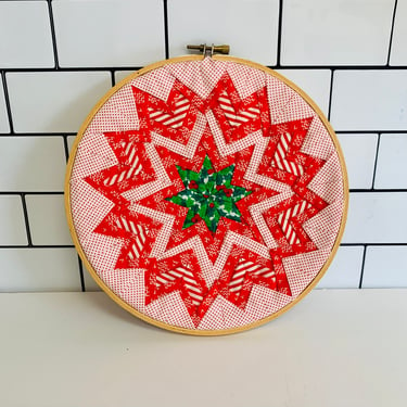 Vintage 8” Fabric Embroidery Hoop Quilted Christmas Star, Christmas Décor, Grannycore, Vintage Christmas, Quilted Embroidery Hoop 