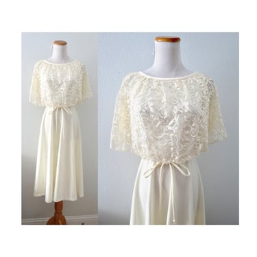 Vintage 70s Lace Dress Cream Hippie Boho Wedding Formal Flutter Sleeve Midi - Size Small 