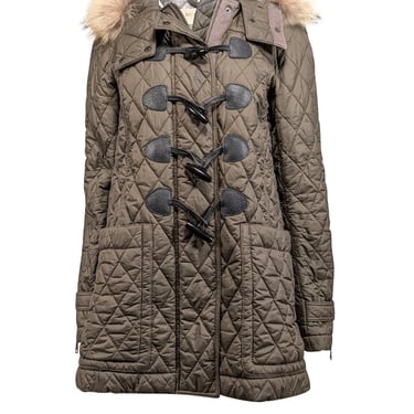 Burberry - Army Green Quilted Coat w/ Fur Trim Hood Sz L