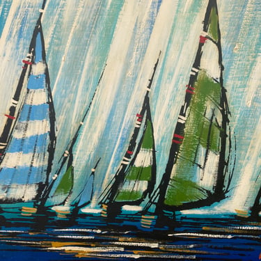 Mid Century Modern Sailboats Oil Painting, 31"x 31", Abstract Nautical, Regatta, Beach Lake Decor, Large Signed By Artist, Blue Green Aqua 