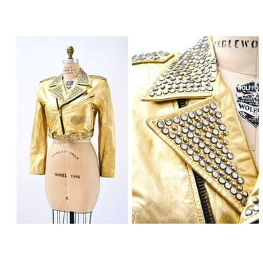 80s 90s Amazing Vintage Gold Leather Biker Jacket Rhinestones Gold Studs Small Medium// Metallic Studded Gold Leather Moto Jacket LA ROXX 