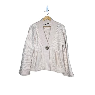 Vintage Saks Fifth Avenue White Cream Wool Cableknit Cardigan Sweater, Size Large 