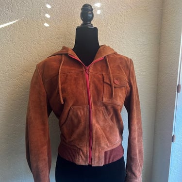 Vintage Suede Jacket, Unisex Jacket, Orange Suede Hooded Jacket, Cropped Suede Jacket 