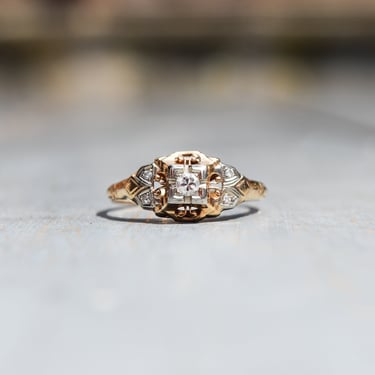 Art Deco 14K Two-Tone Diamond Engagement Ring, Scroll Motifs, Unisex Gold Ring, Estate Jewelry, , 7 1/2 US 