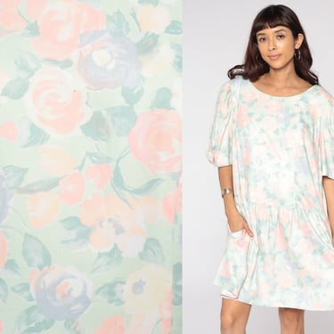 Pastel Floral Dress Puff Sleeve Dress 80s Boho Mini Princess Seam Drop Waist Summer Vintage 2xl xxl Plus Size Dress 2x 
