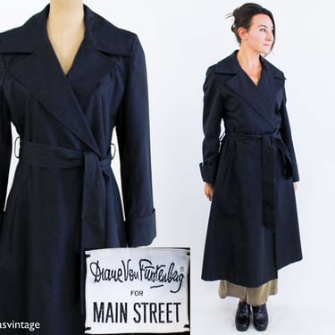 Diane von Furstenberg | 1980s Black Trench Coat l 80s Black Wrap Trench Coat | Diane von Furstenberg | Medium 