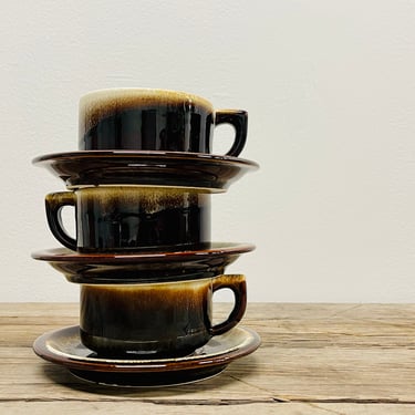Pfaltzgraff Cup and Saucer | Cream and Brown Spatter Brown Drip Stoneware 1950s 1960s | Small Plate Coffee Cup Set of 2 