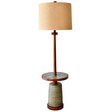 Rare Gordon and Jane Martz Walnut Floor Lamp With Ceramic Base and Tile Mosaic Table Marshall Studios 1960s 