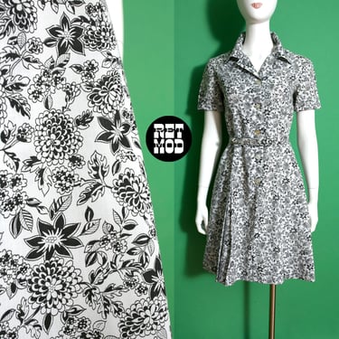 Comfy Chic Vintage 60s 70s Black White Floral Cotton Collared Dress with Matching Belt 